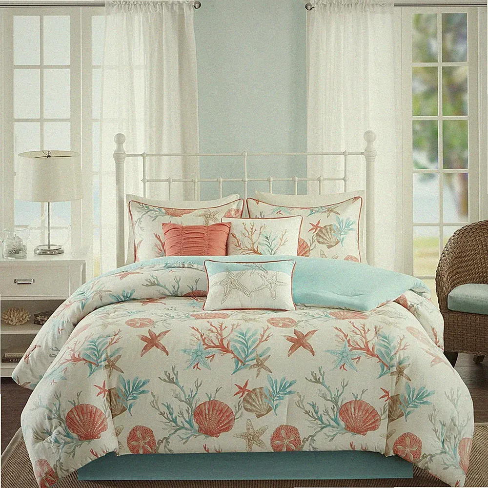 Madison Park 100% Cotton Comforter Set - Coastal Coral, Starfish All, King