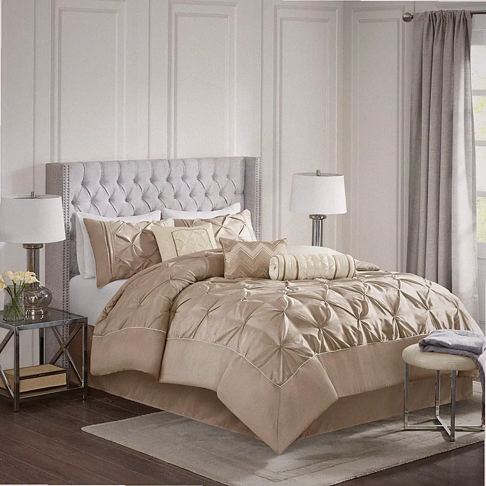 Madison Park 7pcs Bed In A Bag Comforter Set Tufted Pleated Faux Silk Bedding
