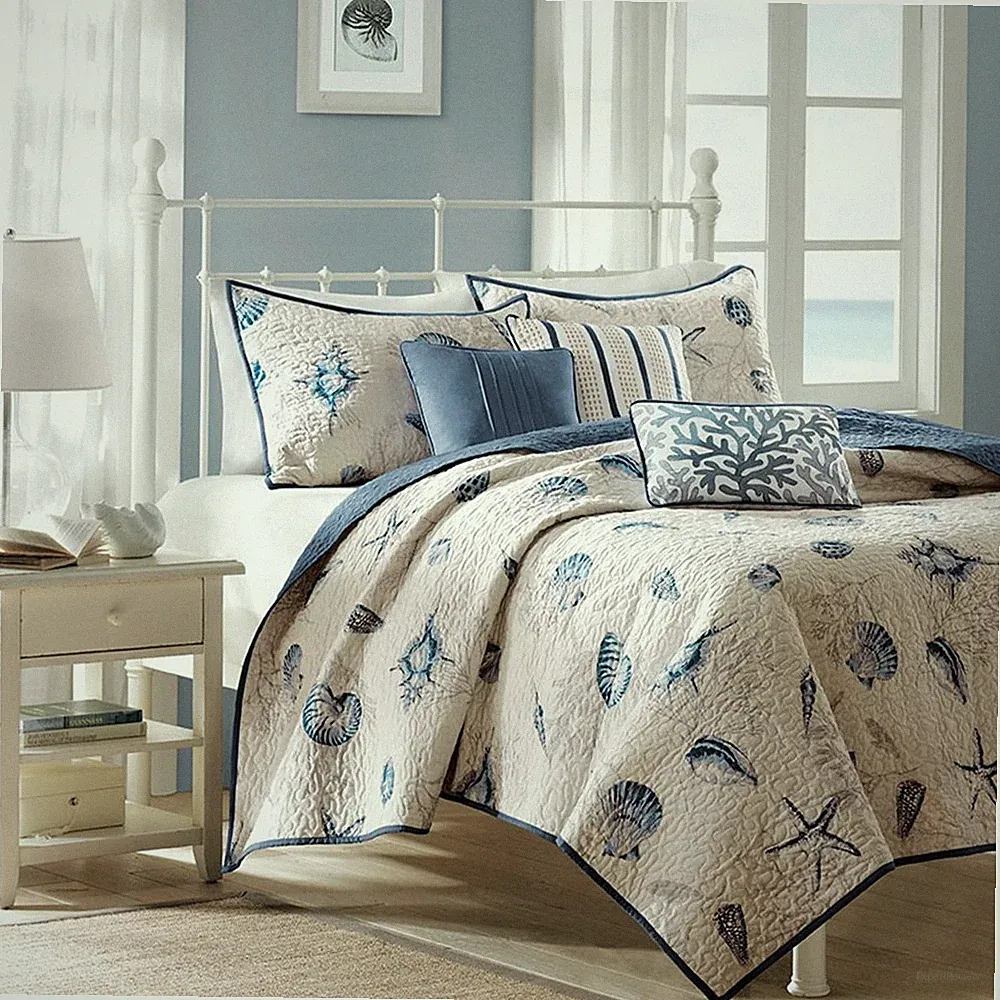 Madison Park Bayside Coverlet Set Blue Full/Queen Coastal Print - Includes 1 Cov
