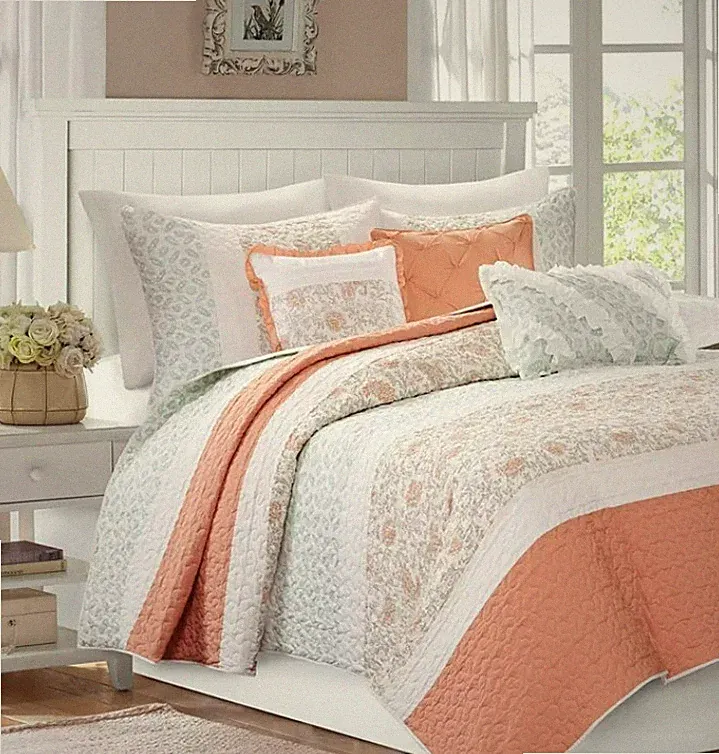 Madison Park Dawn 7 Pc Quilt Set Full/Queen w/Bed Skirt NWT F/Q Coral $400