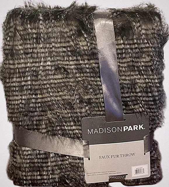 Madison Park Faux Fur Throw Blanket Black/Grey Ribbed Plush Luxe Decor NEW