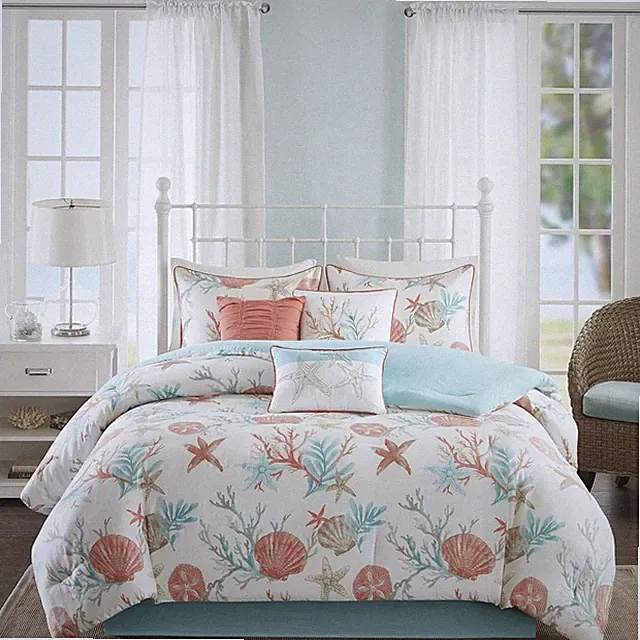 Madison Park King Size 100% Cotton 7 Piece Comforter Set - Coastal Coral