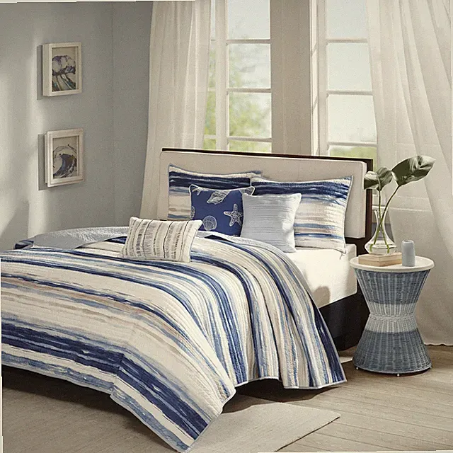 Madison Park Marina Quilt Set Cottage Coastal Design, Starfish Print - All Seaso