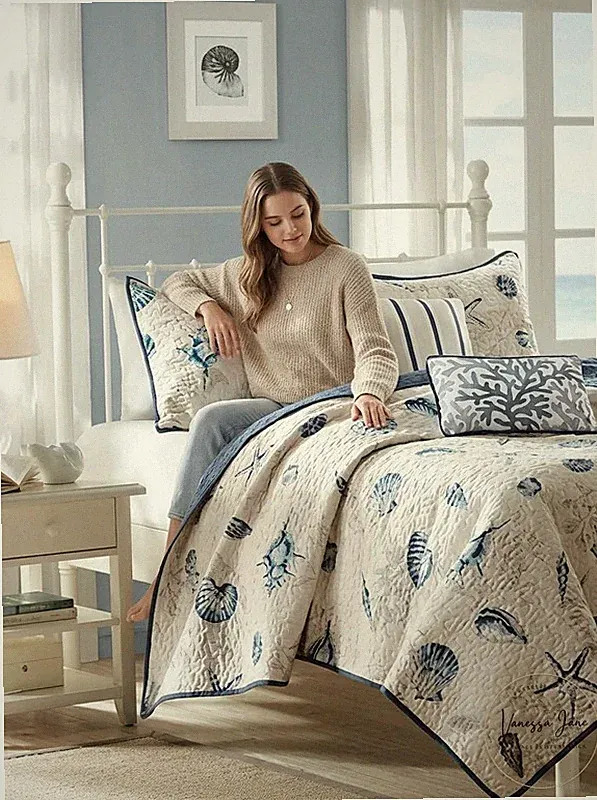 Madison Park Nantucket Coastal Quilted Coverlet Set, King, Blue