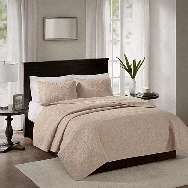 Madison Park Quebec Quilt Set, Damask Stitching Design, Cotton Filled, 3 Pieces