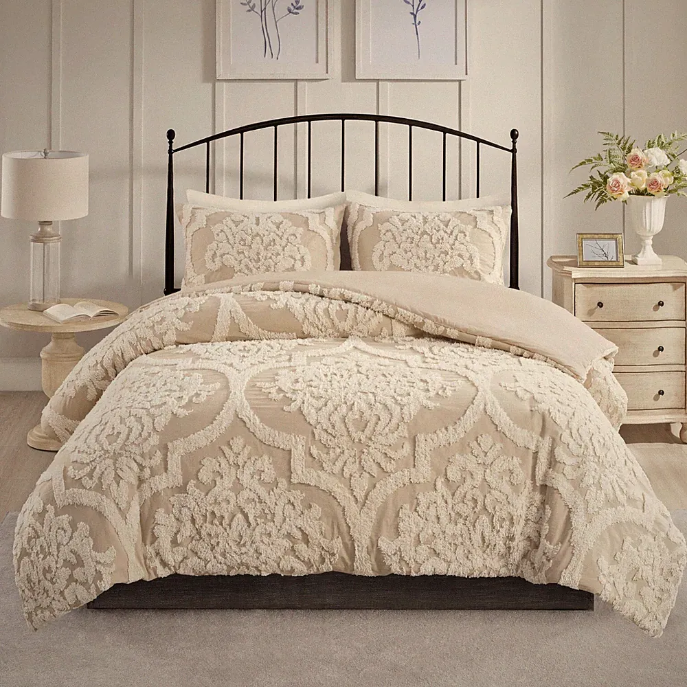Madison Park Viola 3 Piece Tufted Cotton Chenille Damask Duvet Cover Set