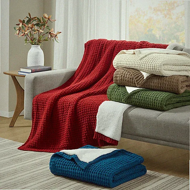 Madison Park Waffle Solid Knit Chenille Throw Blanket for Home Decor 50"W x 60"L