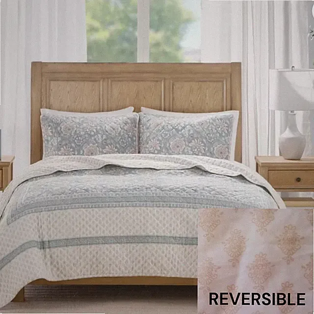 Madison Park Willa KING 3 Pc Quilt Set REVERSIBLE Floral Stamp 100% Cotton