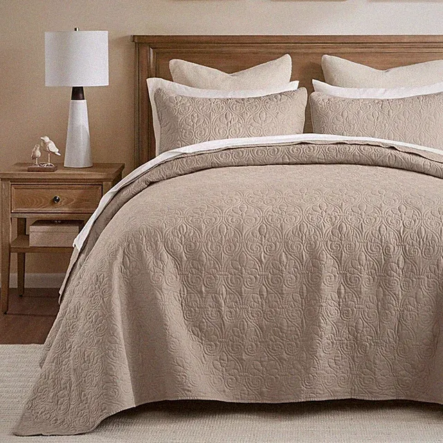 New Madison Park Quebec Reversible 3 Piece Quilt Set King 104"x94" KHAKI